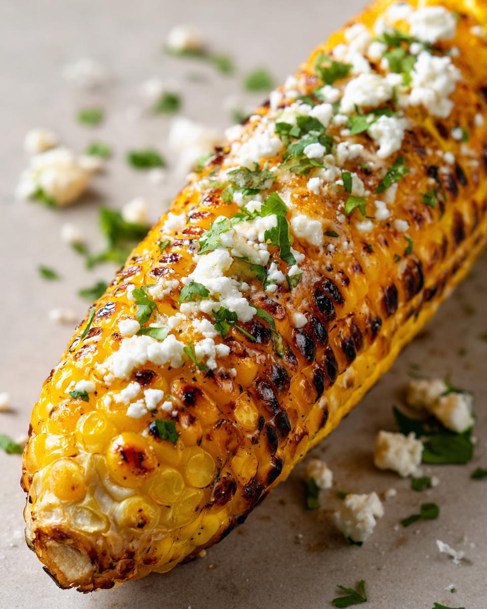 Close-up of Easy Grilled Corn on the Cob with Elote Butter, topped with crumbled cheese and cilantro.