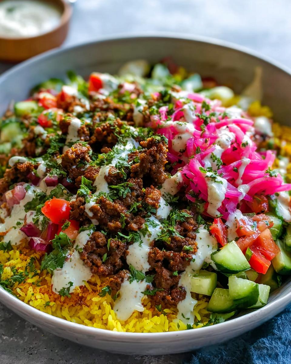 A close-up of Easy Ground Beef Shawarma Bowls, featuring yellow rice, seasoned ground beef, fresh tomatoes, cucumbers, and a drizzle of white sauce.