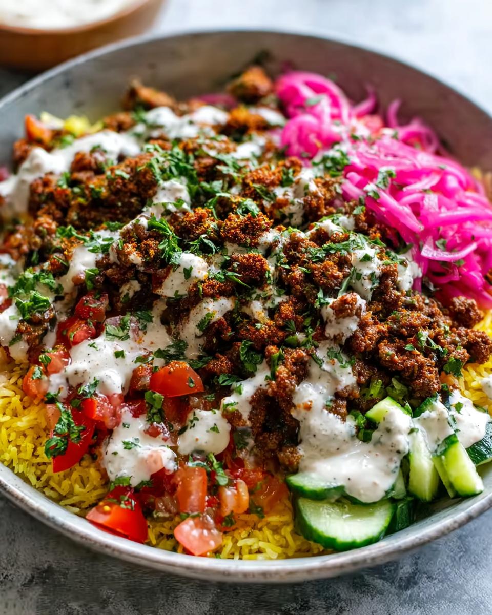 Close-up of Easy Ground Beef Shawarma Bowls featuring seasoned ground beef, yellow rice, tomatoes, cucumbers, pickled onions, and a creamy sauce.