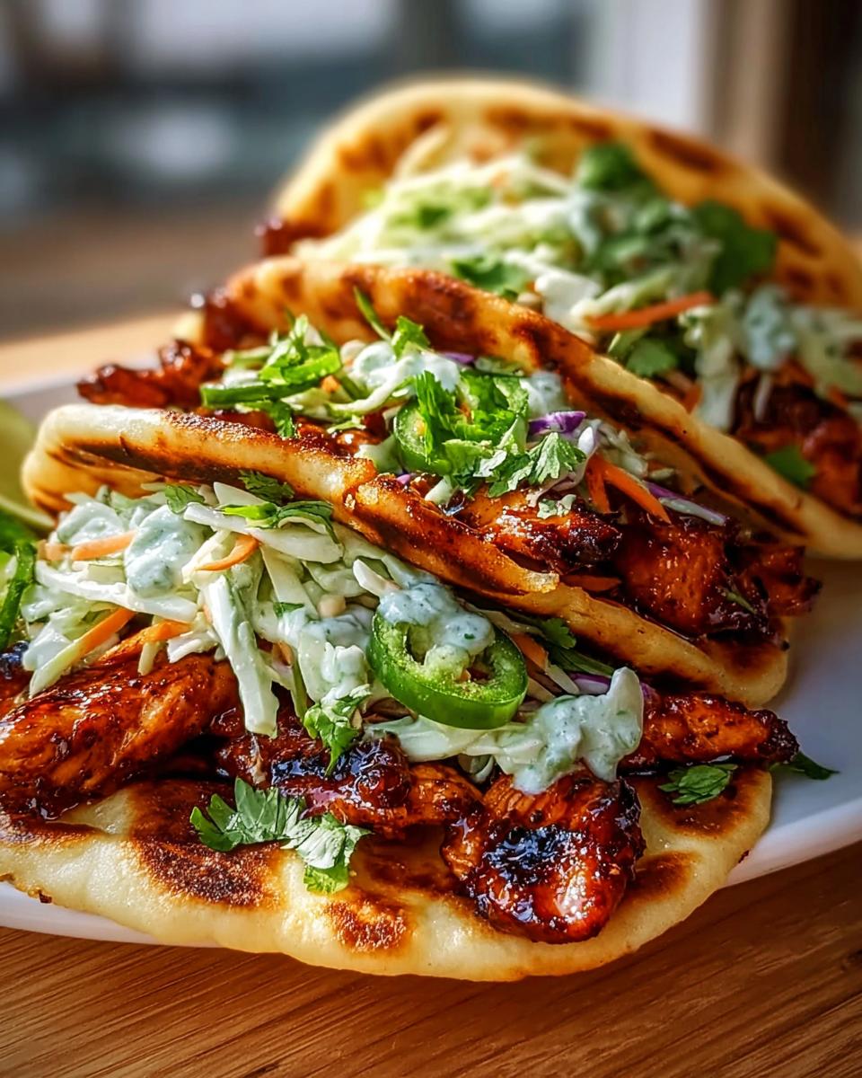 Close-up of delicious Easy Honey Garlic Naan Chicken Tacos filled with glazed chicken, slaw, and jalapeños.
