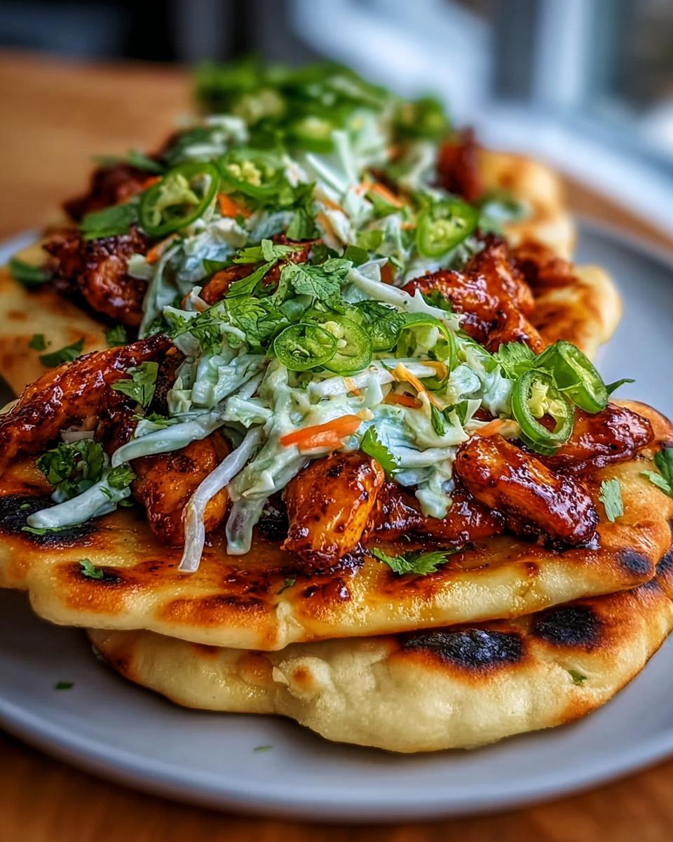 A close-up of Easy Honey Garlic Naan Chicken Tacos topped with coleslaw and jalapeños.