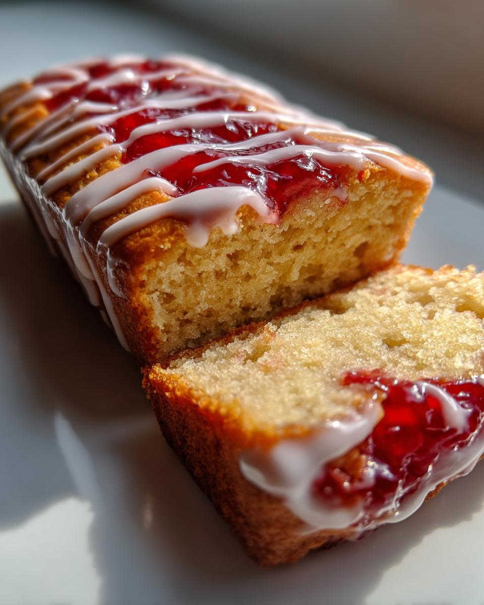 Close-up of a slice of an easy jam traybake loaf cake, drizzled with white icing and topped with jam.
