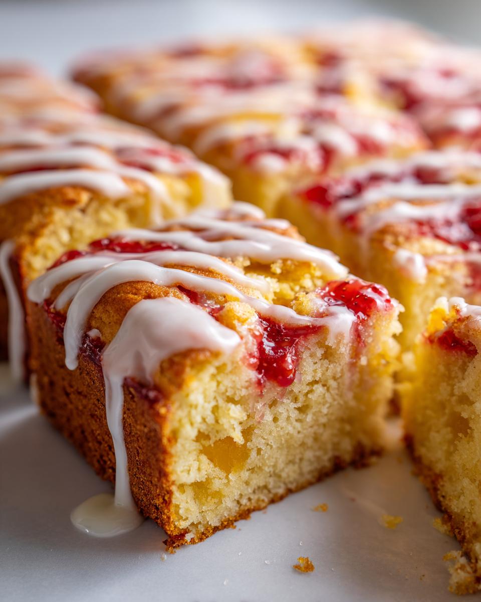 Close-up of sliced easy jam traybake with a sweet icing drizzle and visible jam pieces.