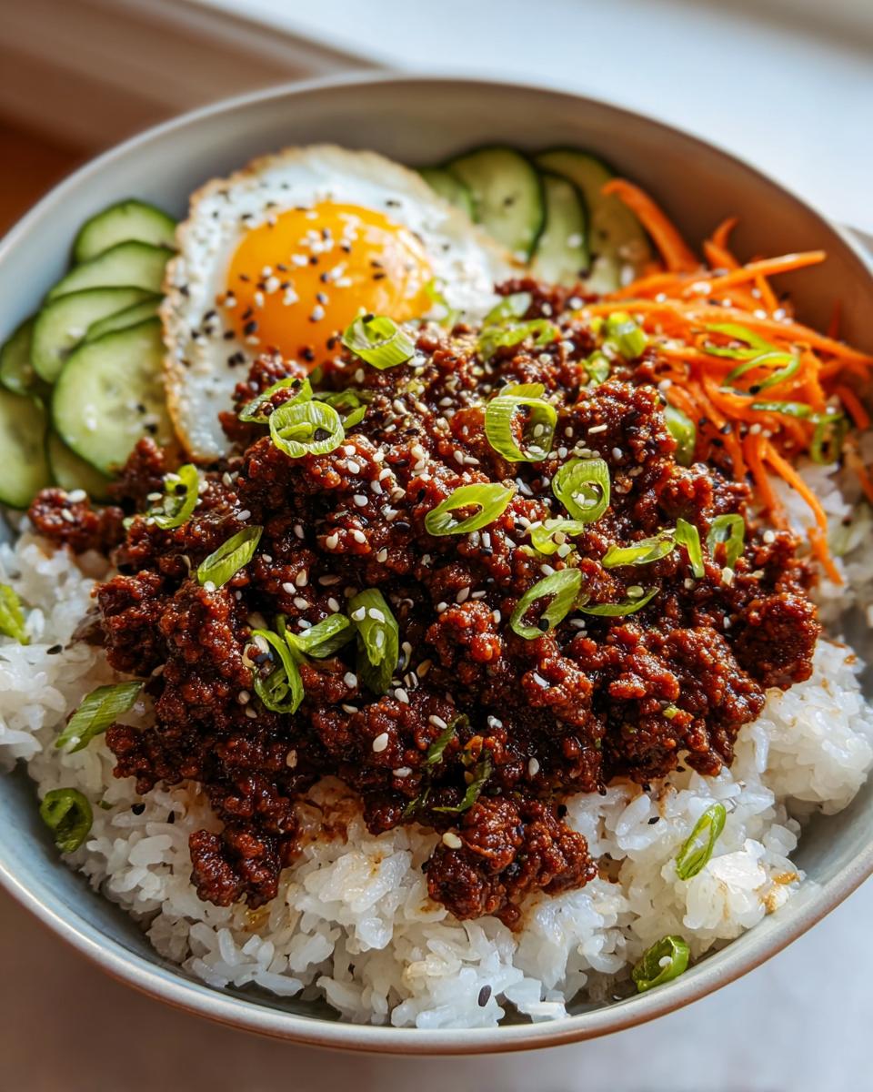 A delicious Easy Korean Ground Beef Bowl topped with a fried egg, cucumber, carrots, and green onions.