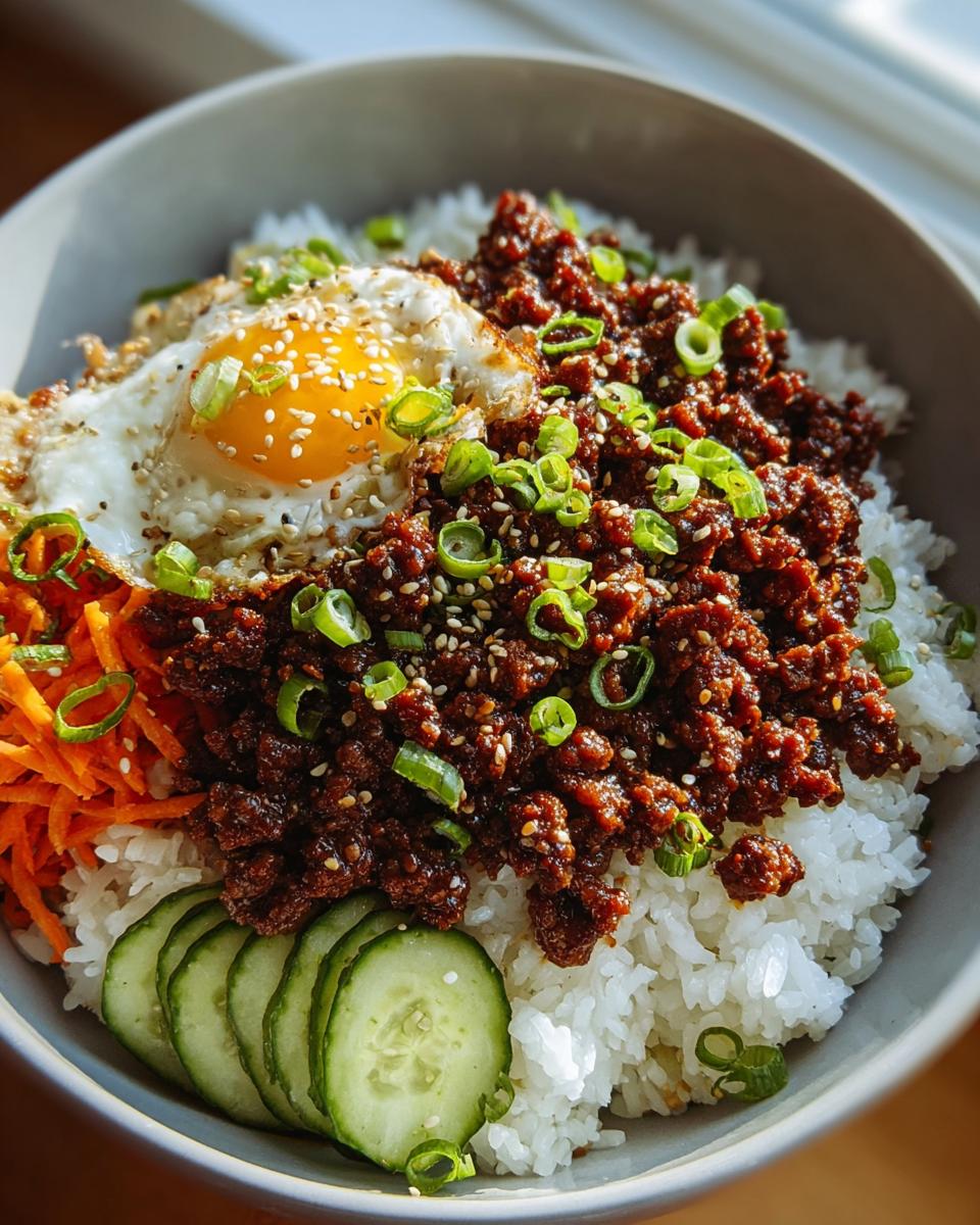 A close-up of an Easy Korean Ground Beef Bowl topped with a sunny-side-up egg, shredded carrots, and sliced cucumbers.