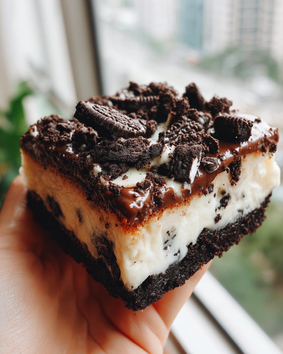 Close-up of a hand holding a delicious slice of easy layered Oreo dessert with chocolate ganache and crushed Oreos.