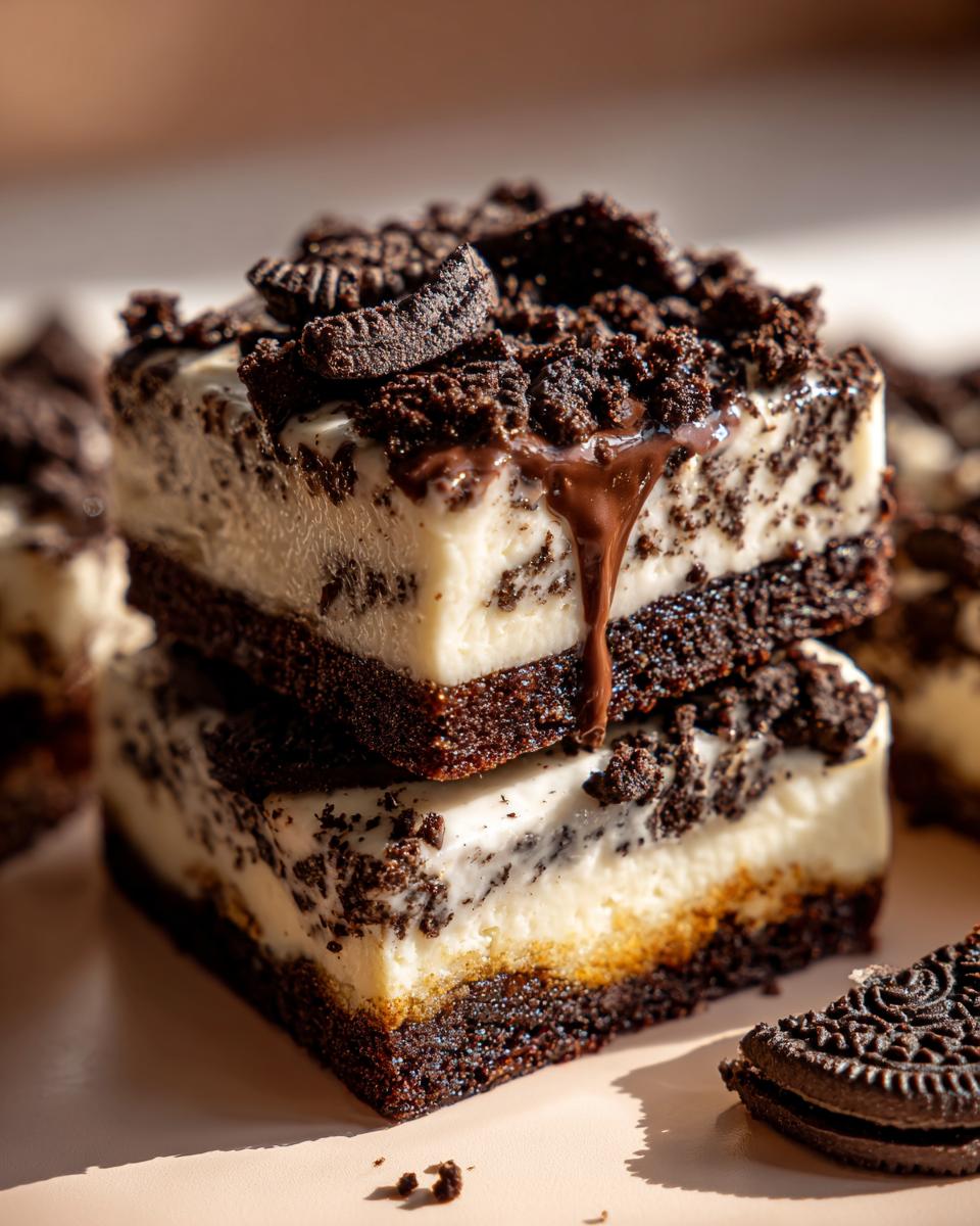 Close-up of two stacked slices of easy layered Oreo dessert, topped with crushed Oreos and chocolate drizzle.