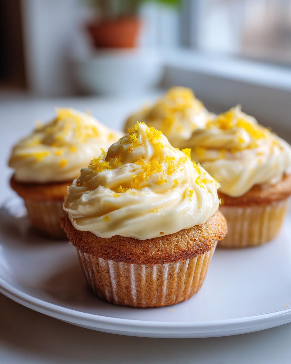 Close-up of four easy lemon cupcakes topped with creamy frosting and bright lemon zest.