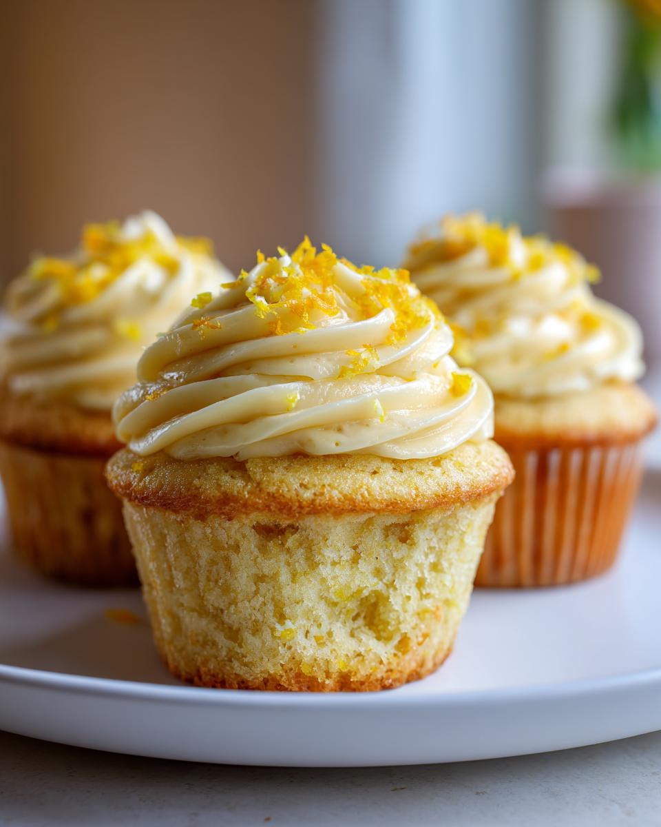 Close-up of three easy lemon cupcakes topped with creamy frosting and fresh lemon zest.