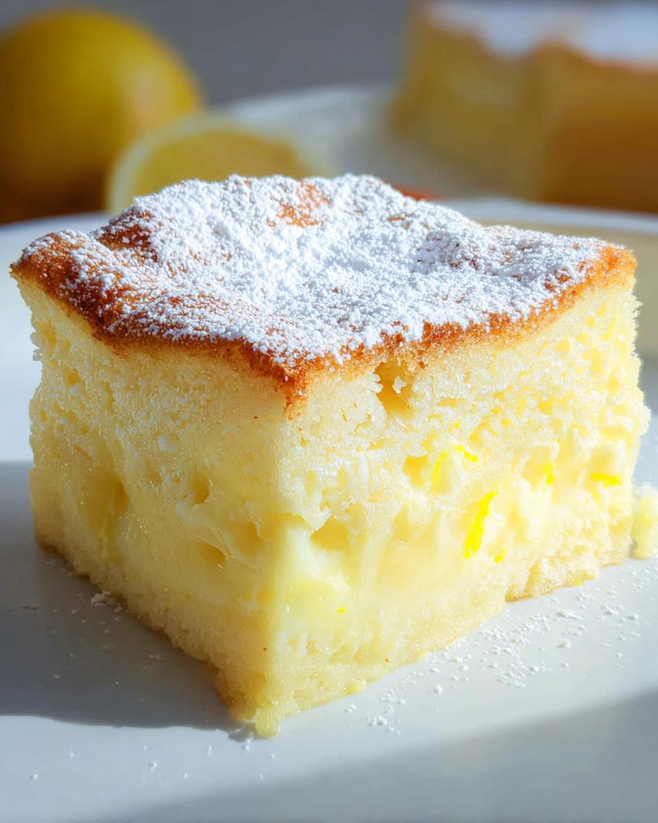 A slice of Easy Lemon Custard Cake dusted with powdered sugar, showing a creamy custard filling.