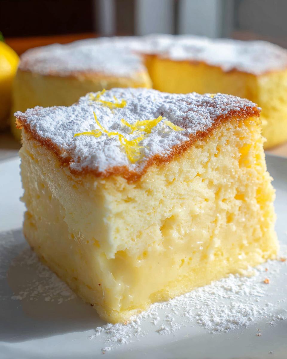 A slice of Easy Lemon Custard Cake dusted with powdered sugar and lemon zest.