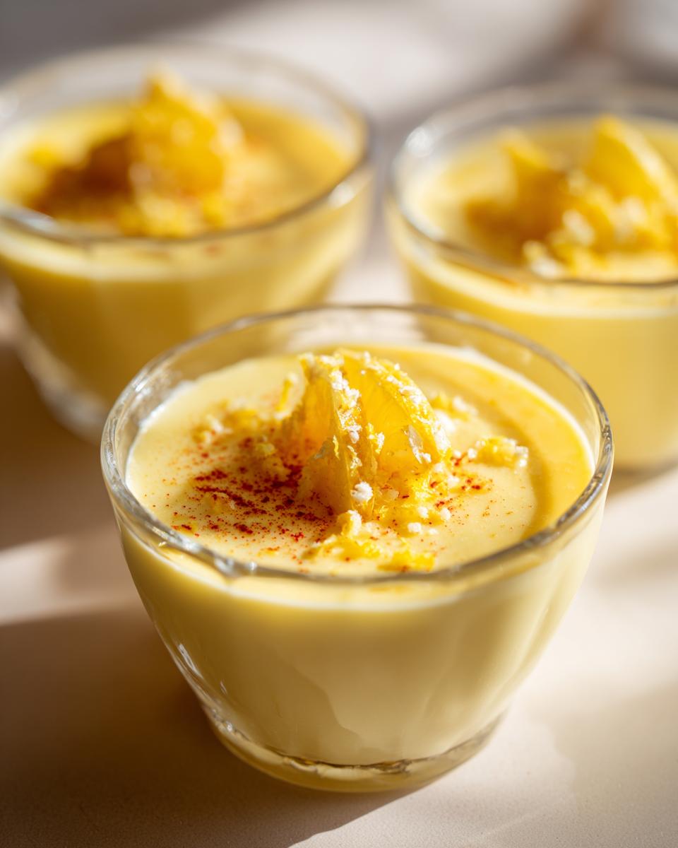 Three individual servings of creamy yellow easy lemon posset in glass bowls, topped with lemon zest and a dusting of paprika.