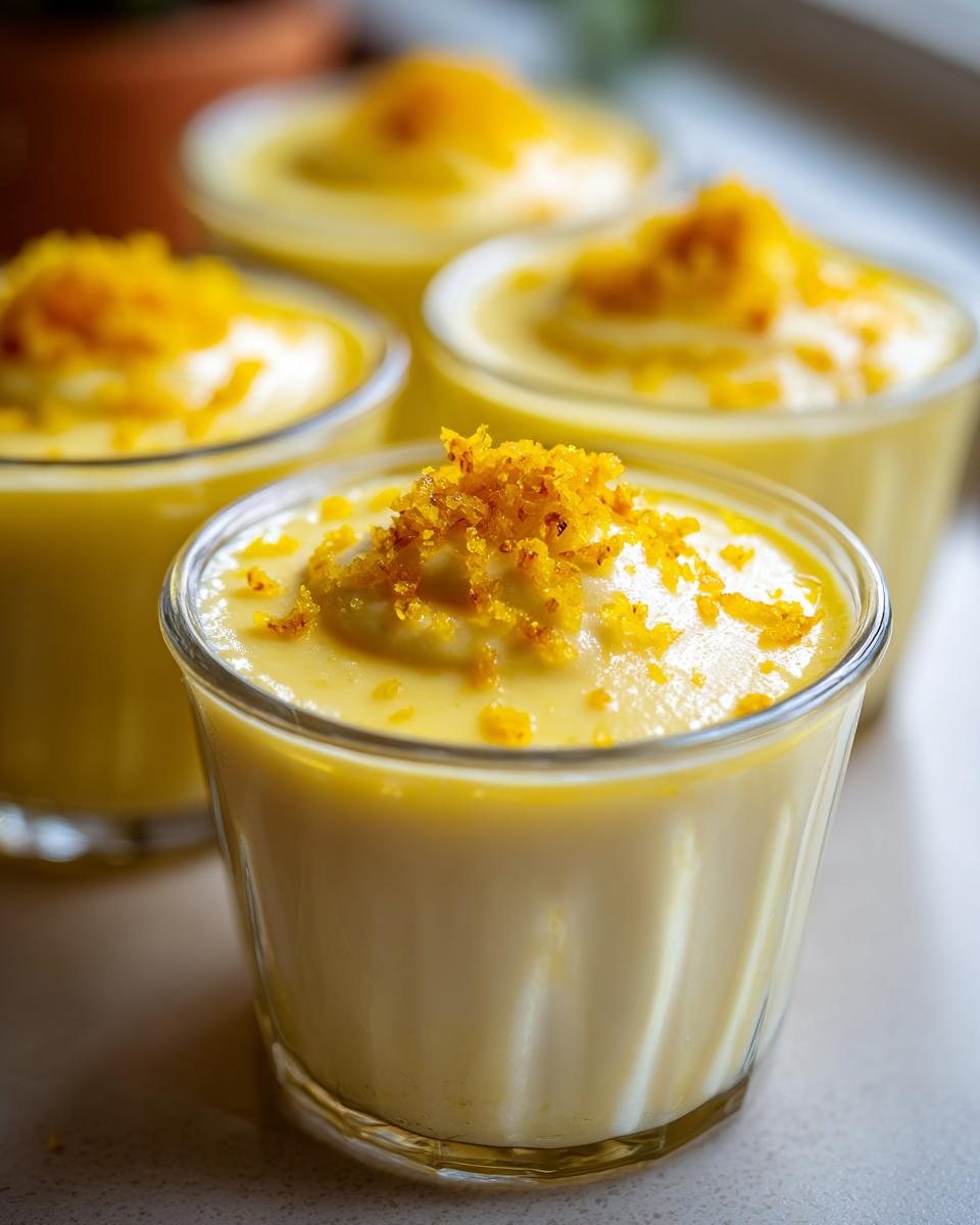 Close-up of four individual glasses filled with creamy easy lemon posset, topped with zest.