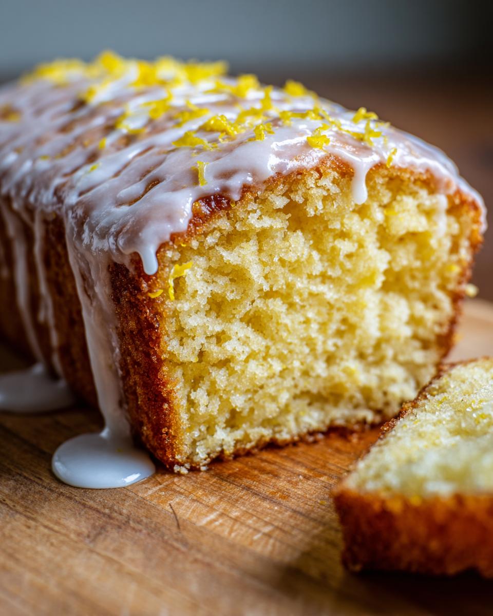 A close-up of an easy lemon traybake, sliced and drizzled with white icing and topped with lemon zest.