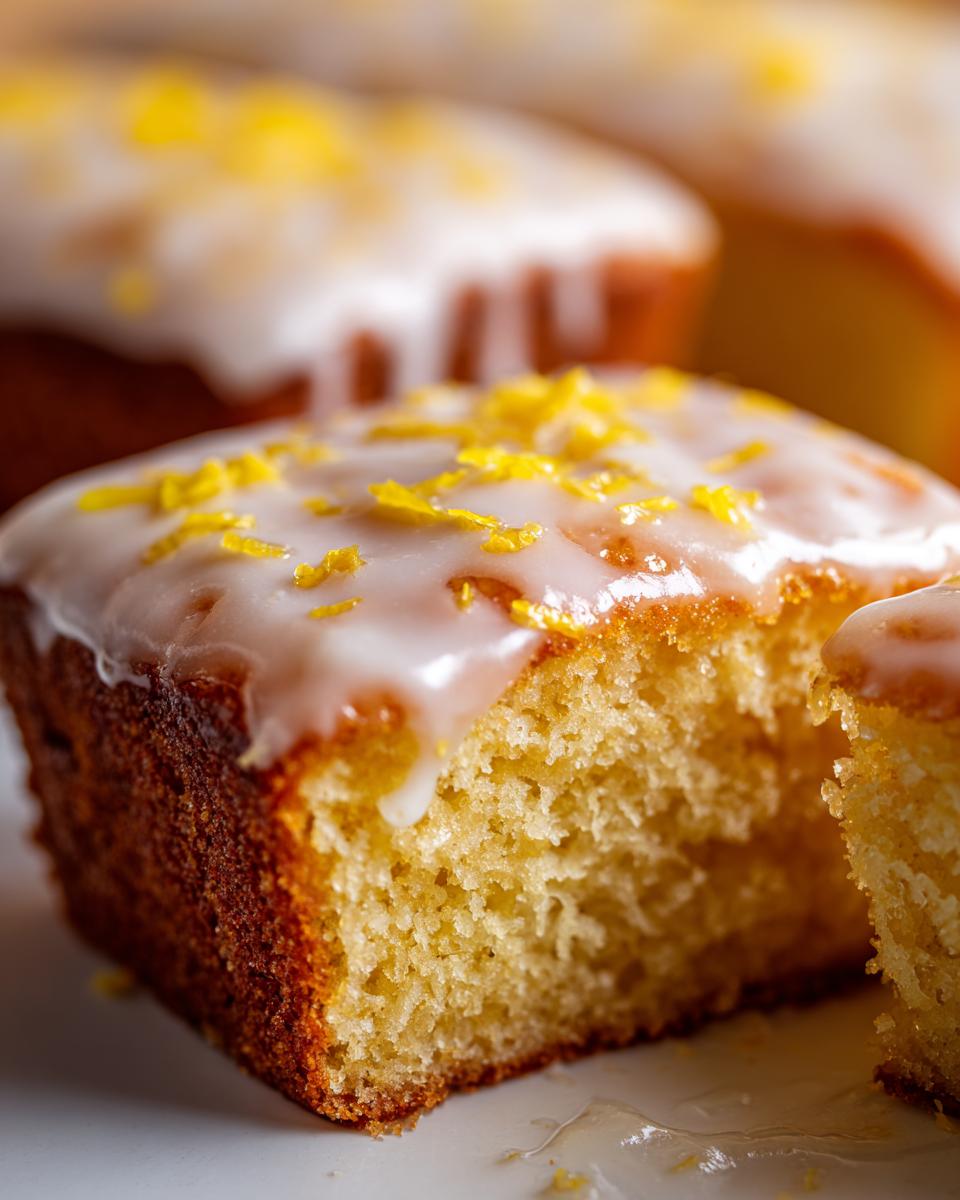 Close-up of a slice of easy lemon traybake, topped with white glaze and lemon zest.