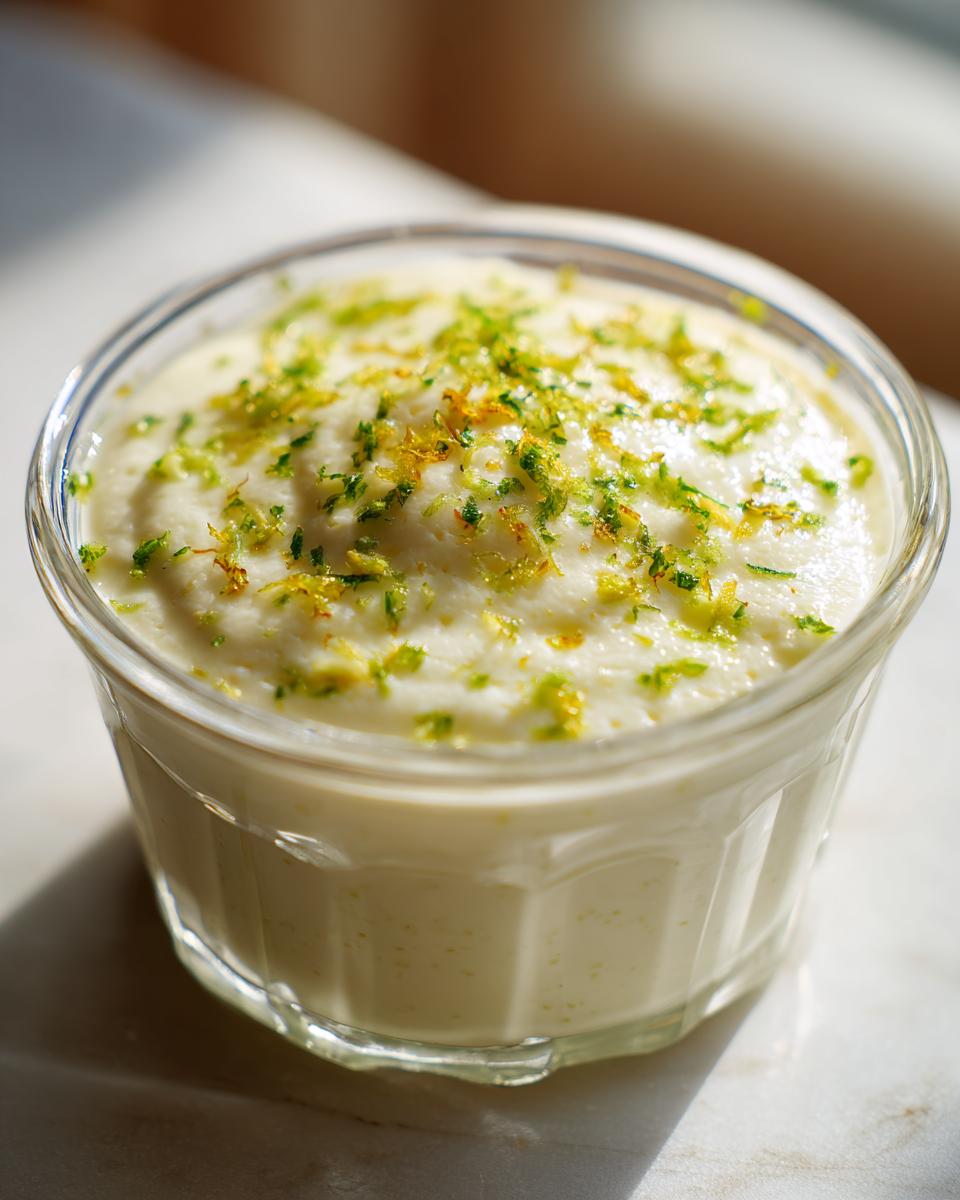 A close-up of a creamy easy lime lemon posset dessert in a glass ramekin, topped with fresh lime and lemon zest.