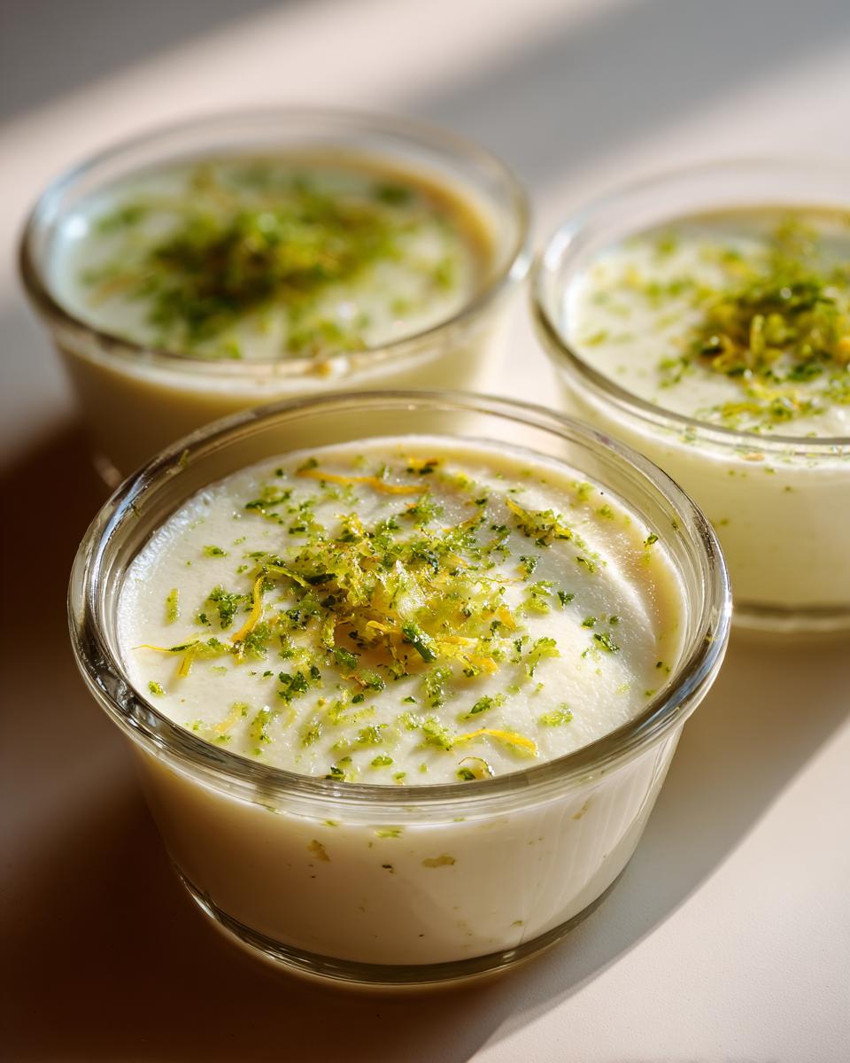 Three individual servings of easy lime lemon posset in glass ramekins, topped with fresh citrus zest.