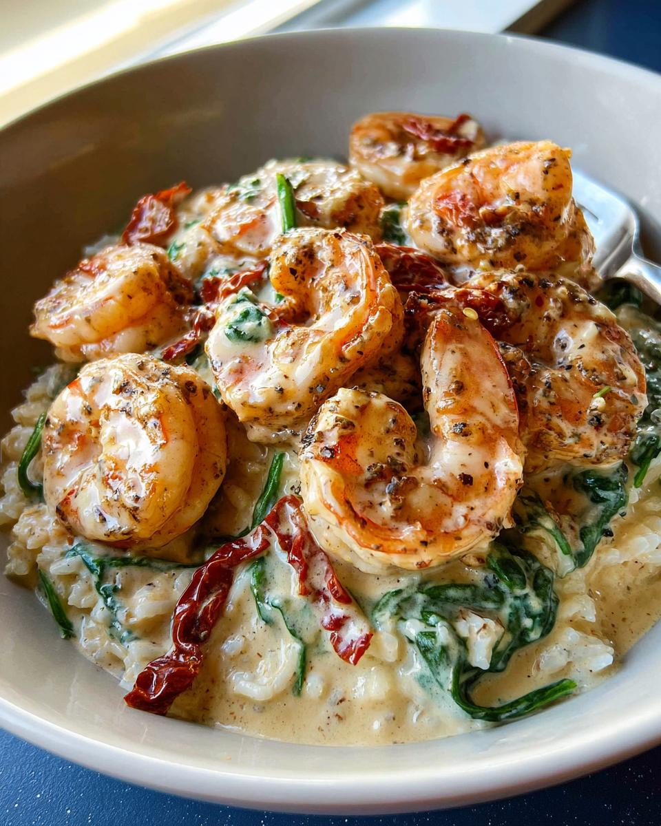 Close-up of Easy Marry Me Shrimp served over creamy rice with spinach and sun-dried tomatoes.