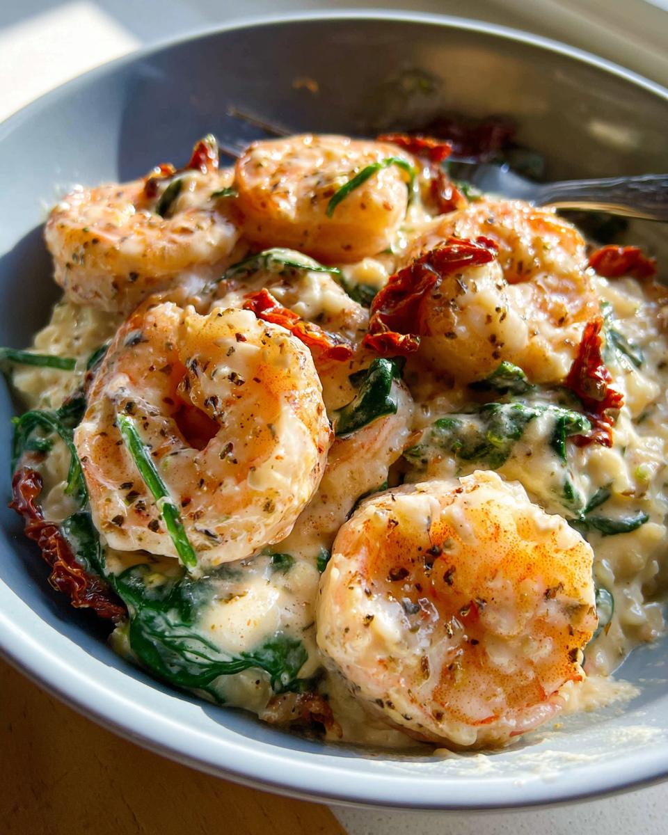Close-up of Easy Marry Me Shrimp in a creamy sauce with spinach and sun-dried tomatoes.