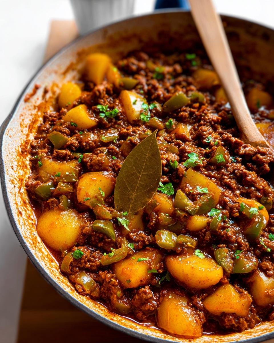 Close-up of an Easy Mexican Picadillo Recipe simmering in a cast iron skillet with potatoes, ground beef, and green peppers.