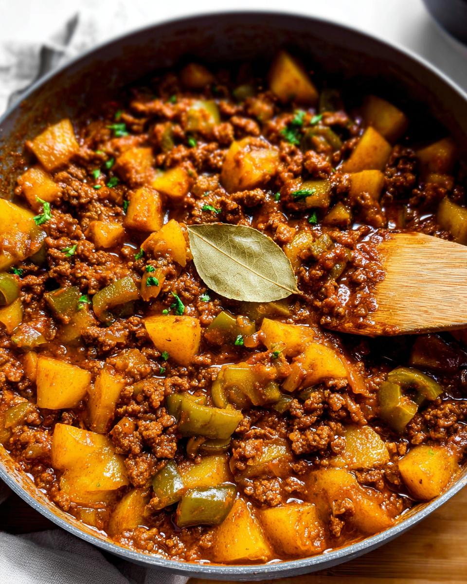 Close-up of a skillet filled with Easy Mexican Picadillo, featuring ground beef, potatoes, and green peppers, garnished with parsley.