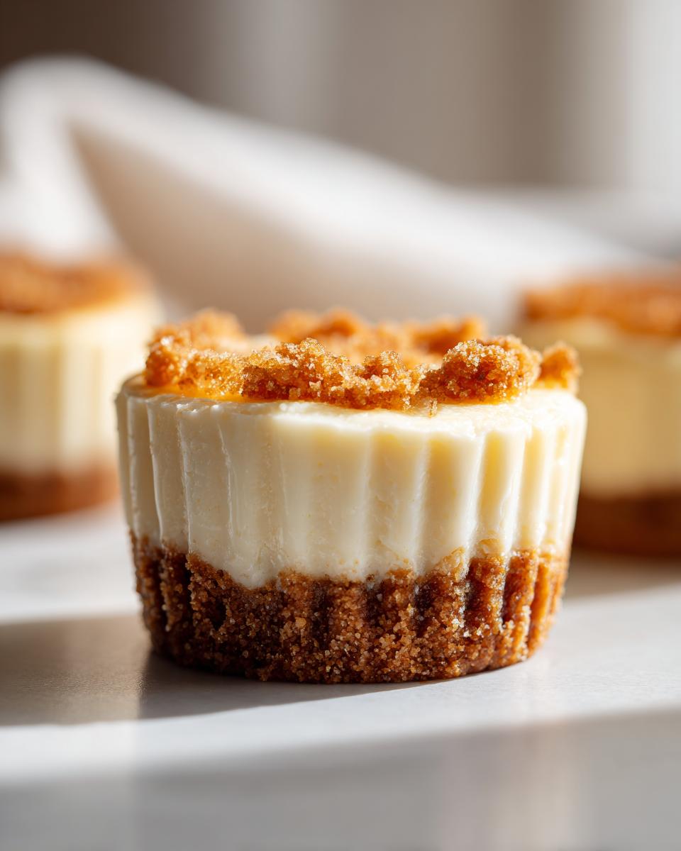 Close-up of a delicious easy mini cheesecake with a graham cracker crust and crumb topping.