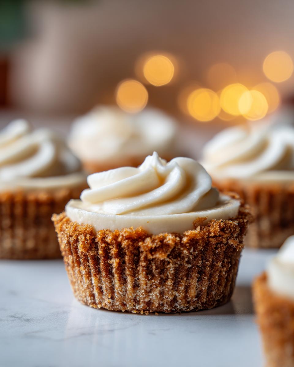 Close-up of an easy mini cheesecake with a graham cracker crust and creamy swirled frosting.