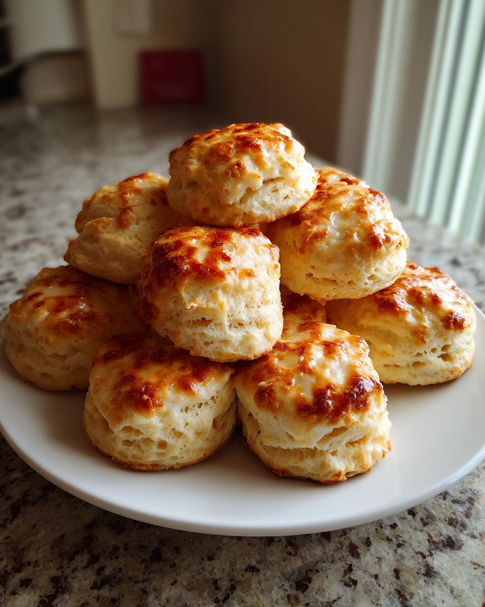 A close-up stack of golden brown, freshly baked easy mini scones on a white plate.