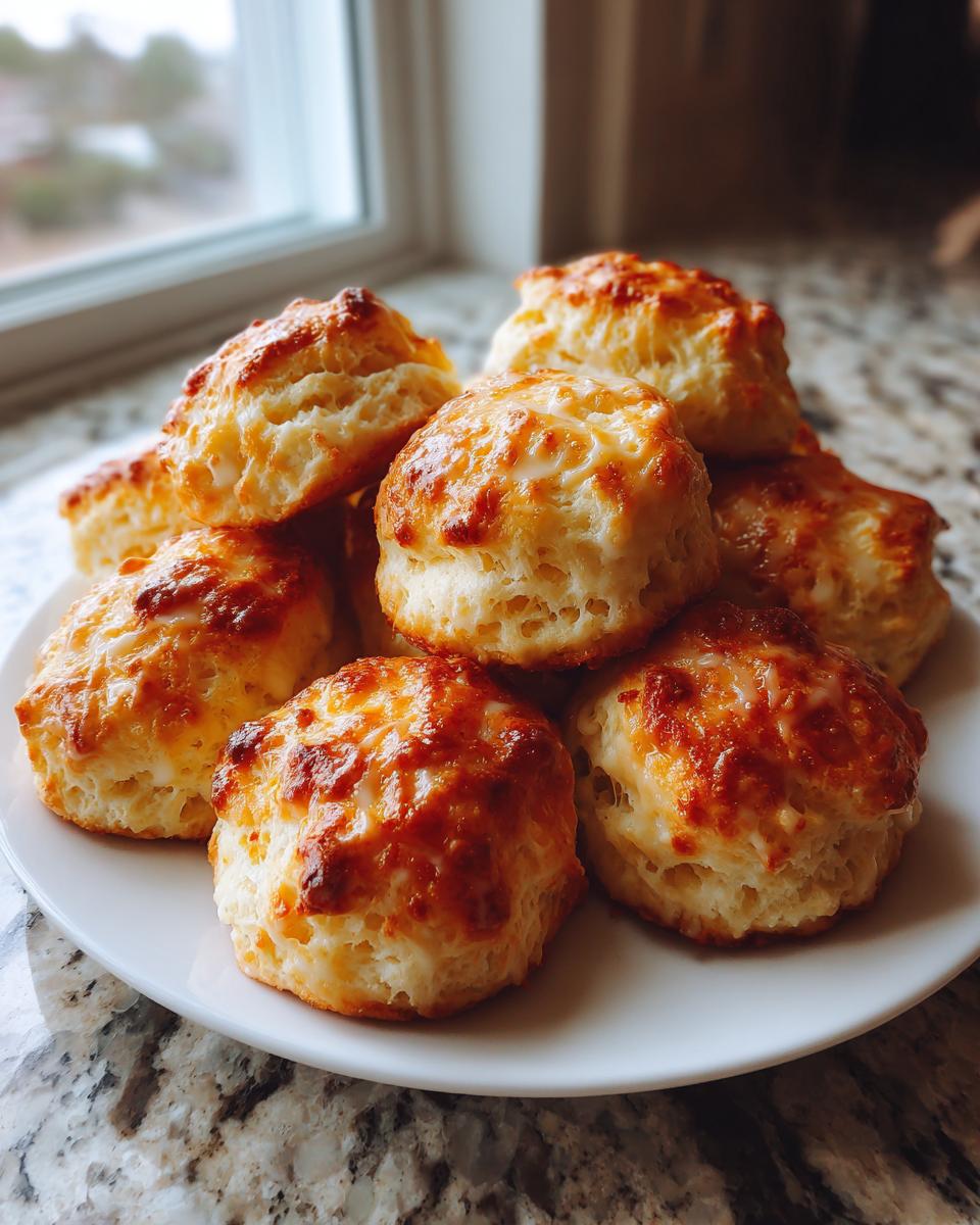 A close-up shot of a stack of golden brown, freshly baked easy mini scones on a white plate.