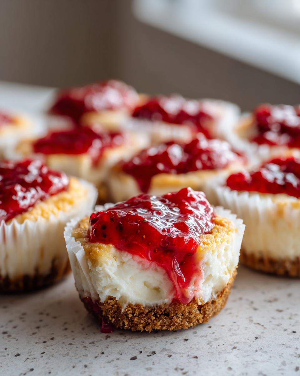 Close-up of an easy mini strawberry cheesecake with a graham cracker crust and a generous topping of strawberry jam.