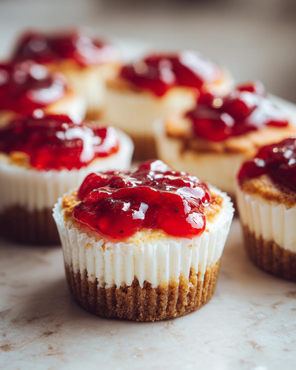 Close-up of a delicious easy mini strawberry cheesecake topped with glossy strawberry compote.
