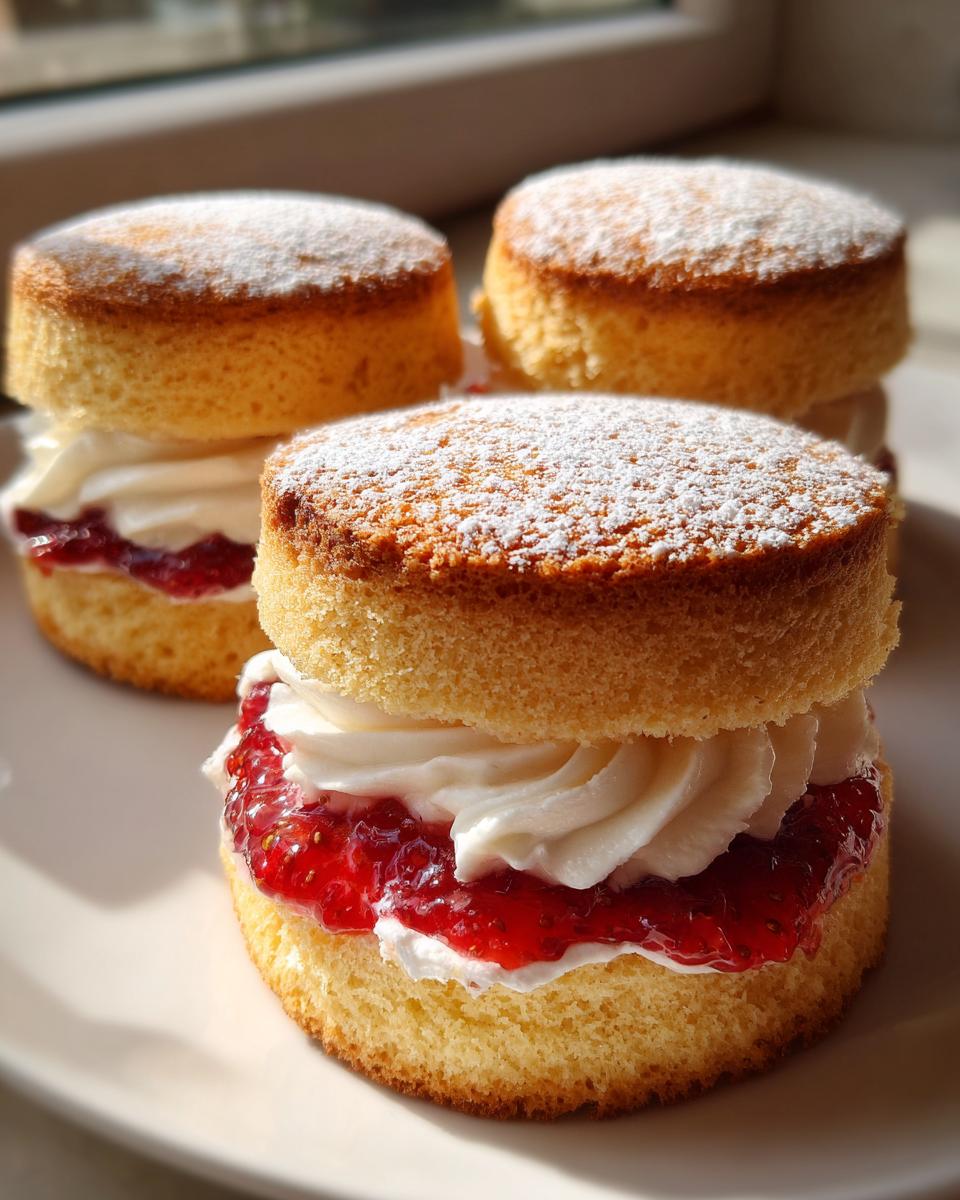 Three easy mini Victoria sponge cakes filled with whipped cream and strawberry jam, dusted with icing sugar.