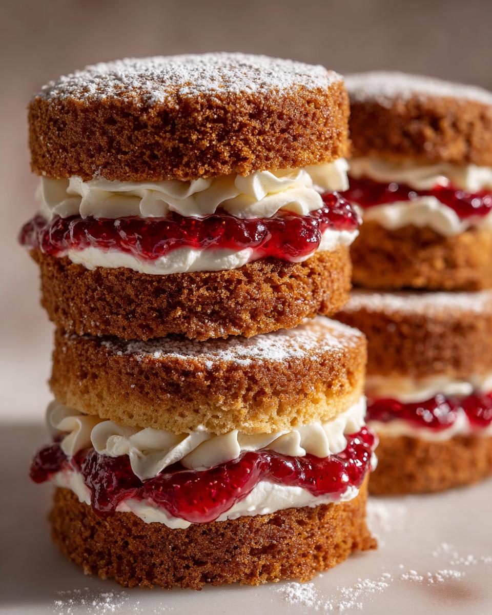 A stack of three delicious easy mini Victoria sponge cakes, filled with cream and jam, dusted with icing sugar.