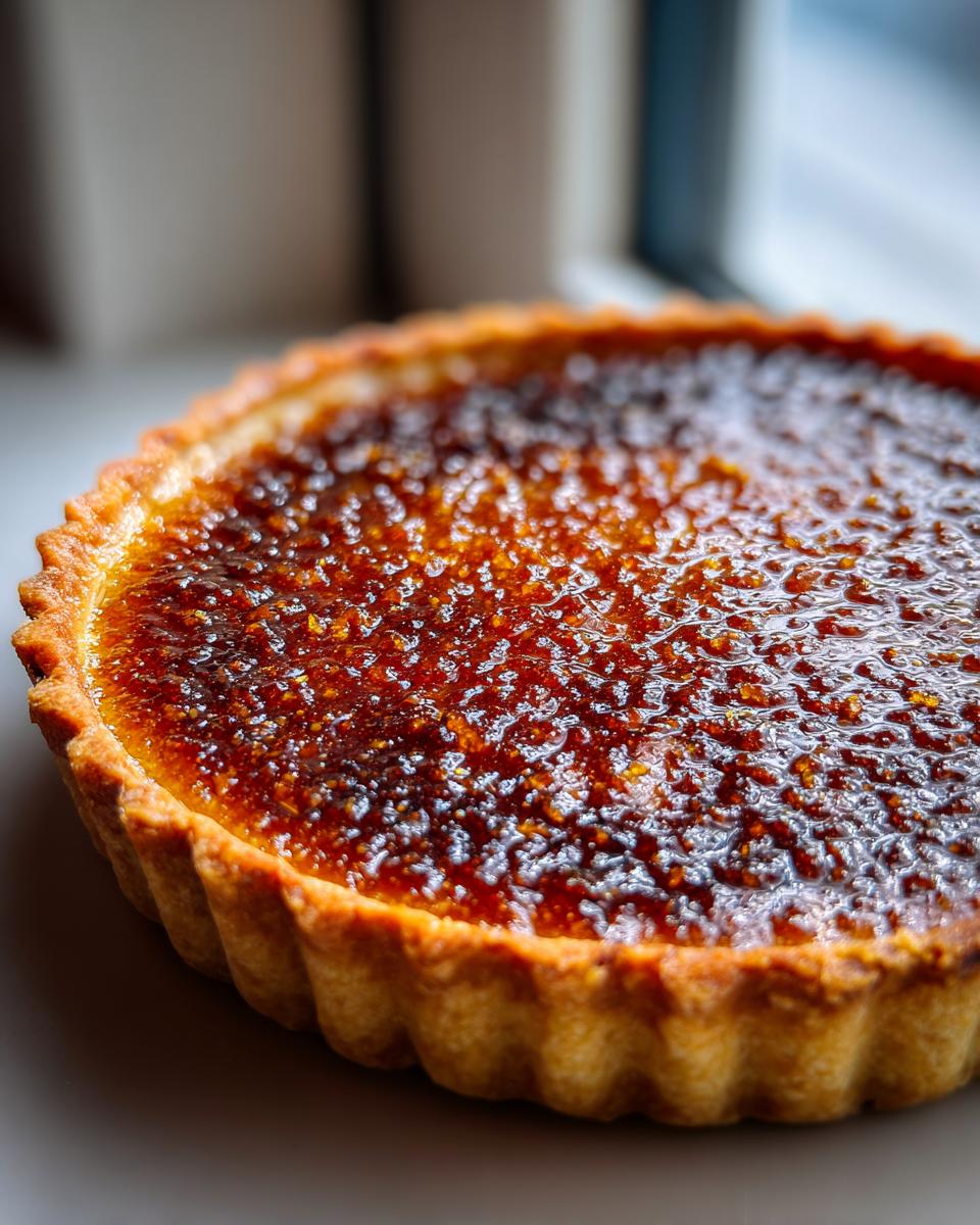 Close-up of a golden-brown easy modern treacle tart with a glistening, textured filling.