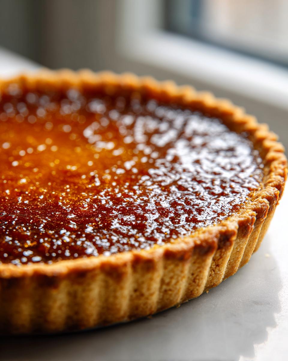 Close-up of a golden-brown easy modern treacle tart with a glossy filling and fluted pastry edge.