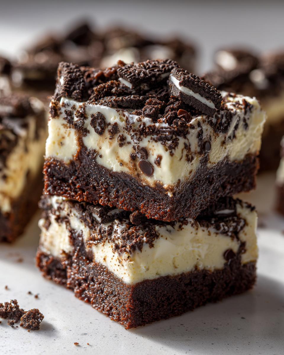 Two layers of easy no bake Oreo dessert bars stacked, topped with crushed Oreos and chocolate chips.