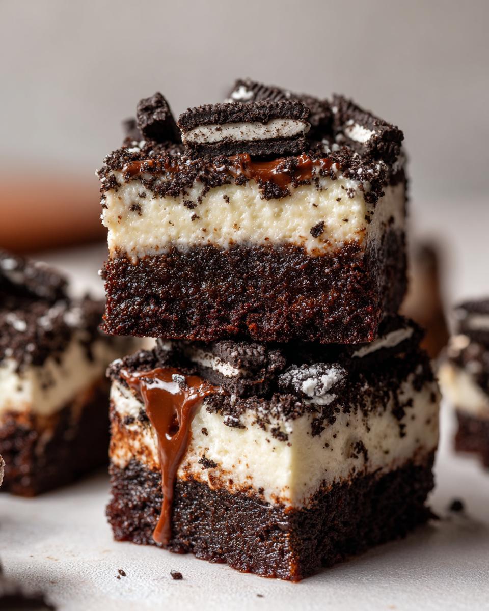 Two decadent slices of easy no bake Oreo dessert stacked, topped with crushed Oreos and chocolate drizzle.