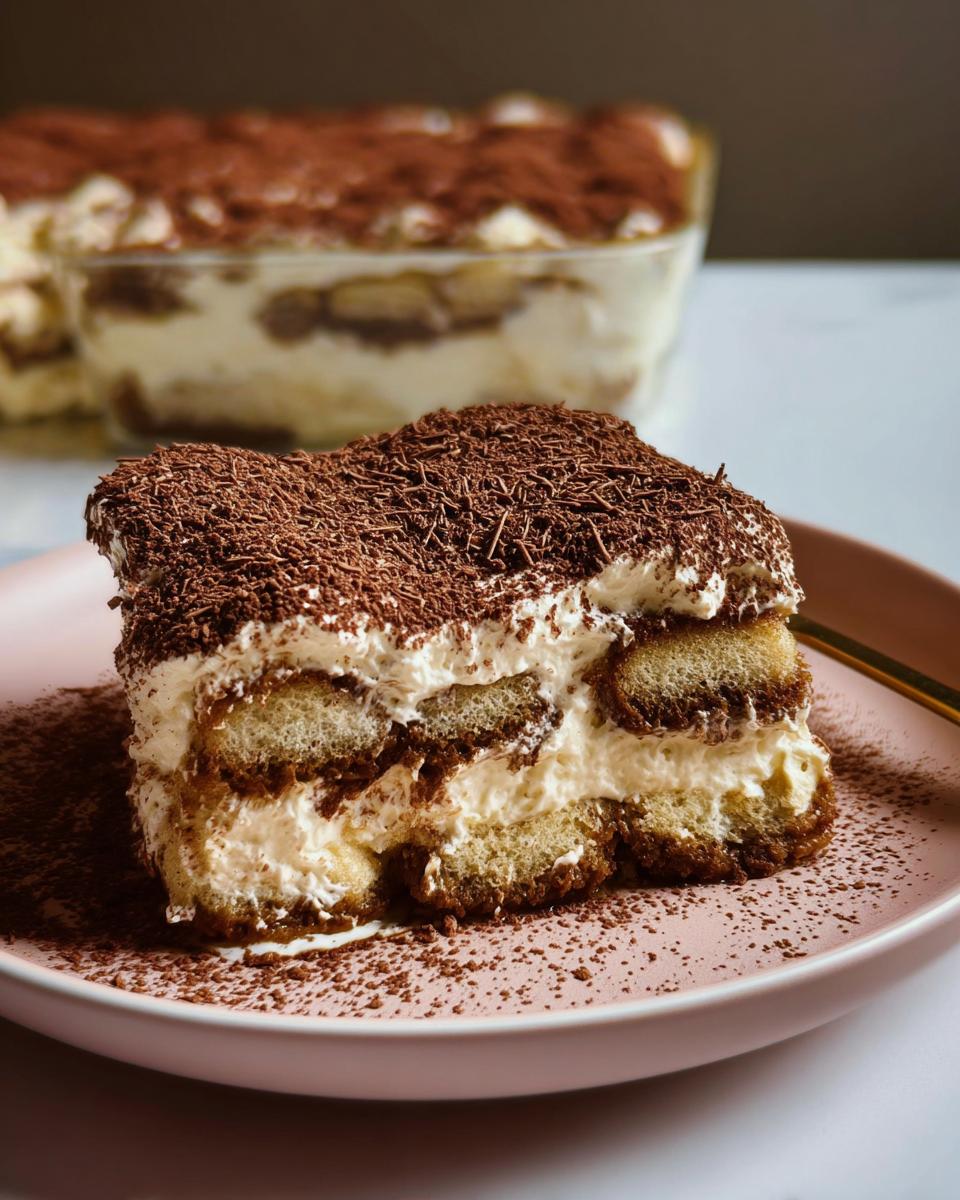 A delicious slice of Easy No Bake Tiramisu Recipe Without Eggs, topped with chocolate shavings.