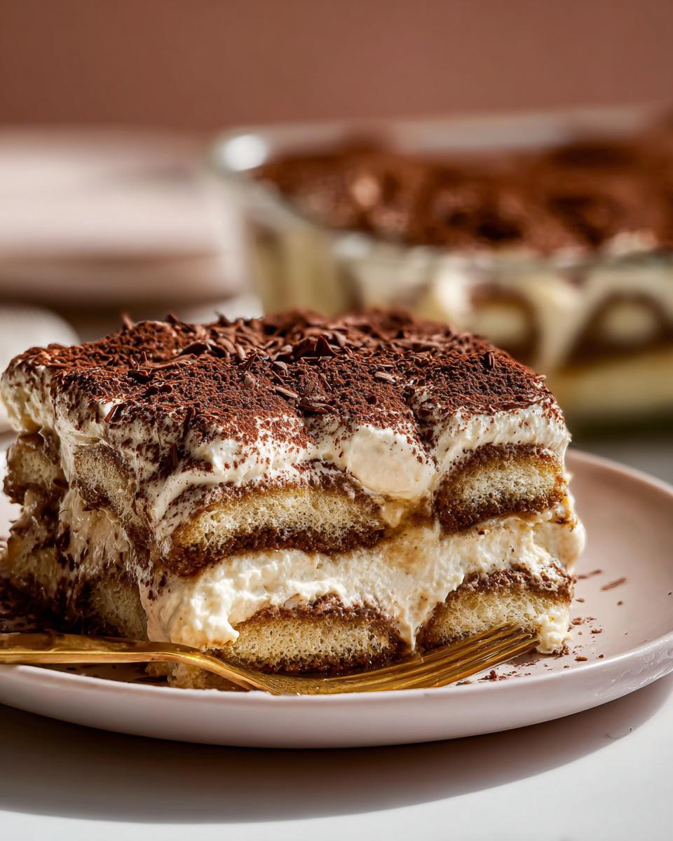 A delicious slice of Easy No Bake Tiramisu Recipe Without Eggs, layered with ladyfingers and mascarpone cream, topped with cocoa powder and chocolate shavings.