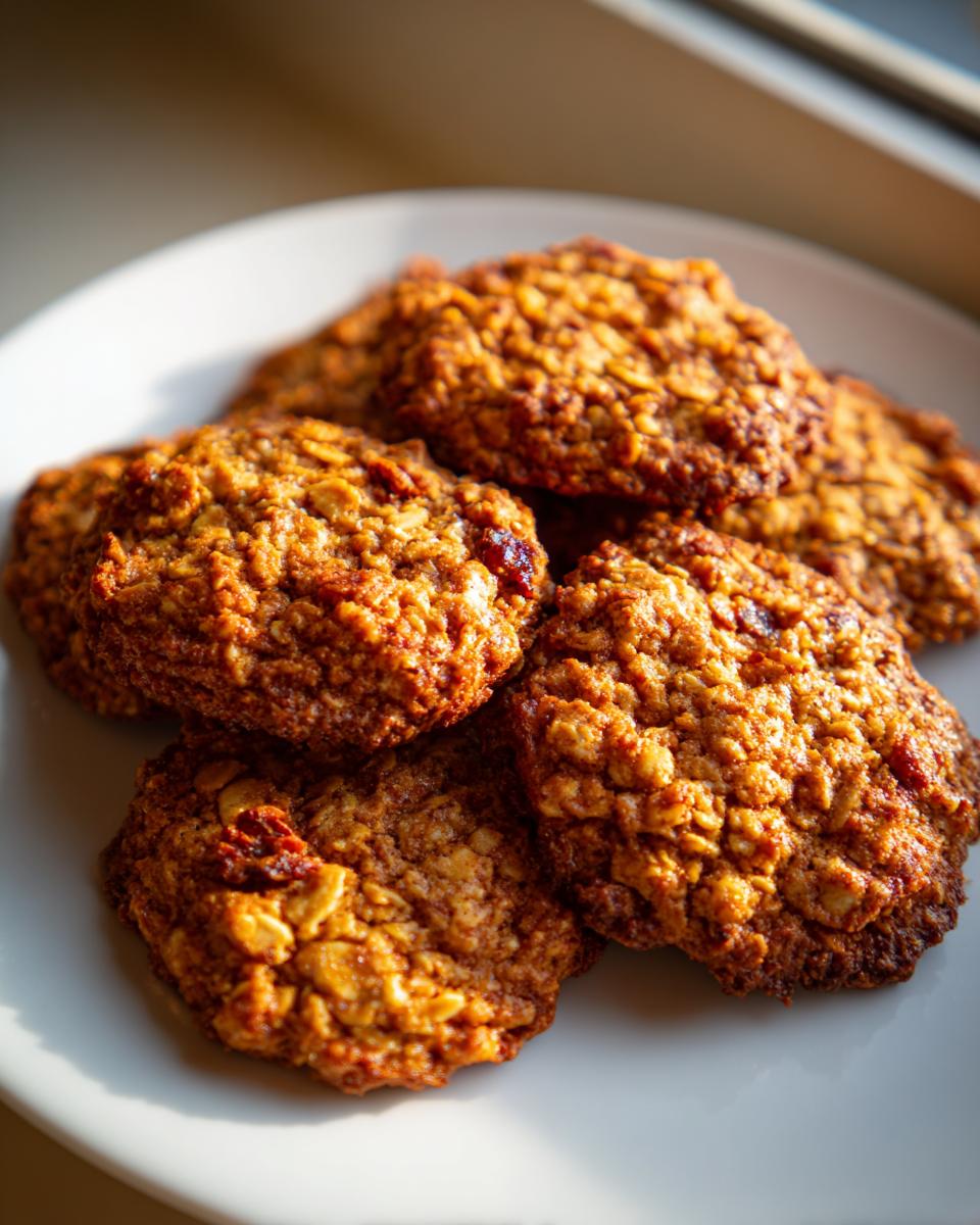 A close-up shot of a pile of golden-brown easy oat cookies with visible oats and dried fruit on a white plate.