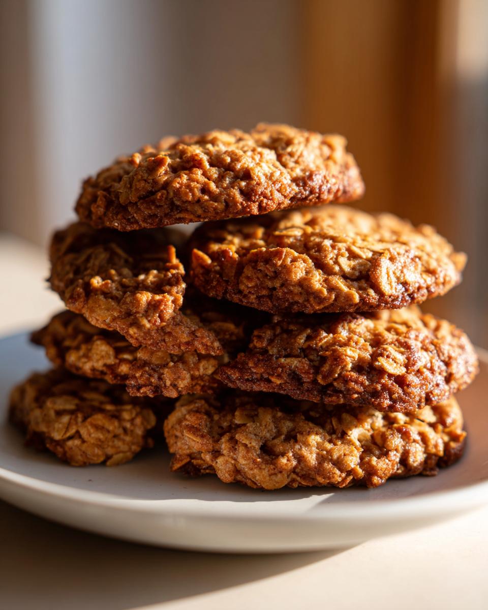 A stack of delicious, golden-brown easy oat cookies on a white plate, bathed in warm sunlight.