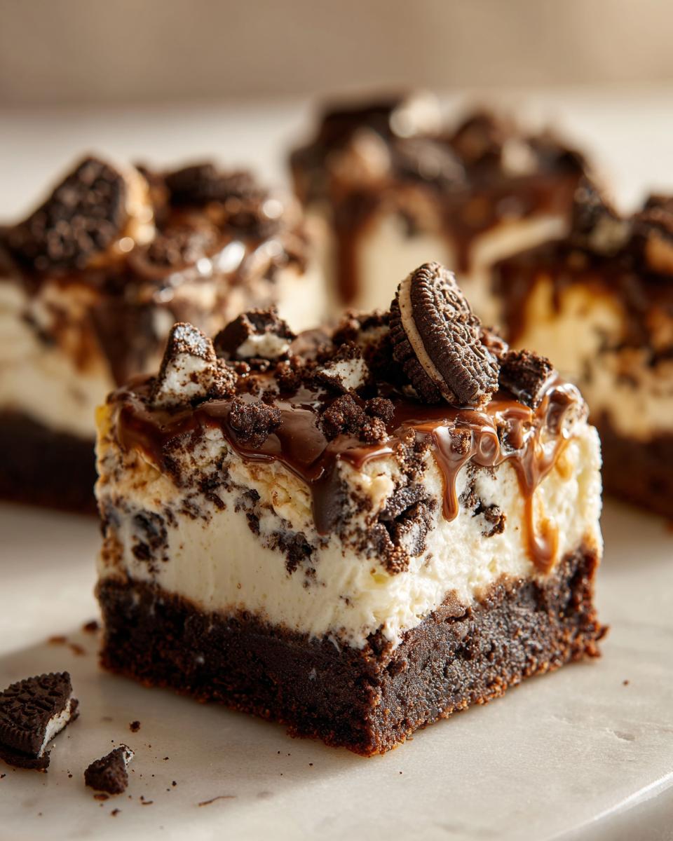A close-up of a decadent slice of easy Oreo cheesecake dessert, topped with chocolate sauce and Oreo crumbles.