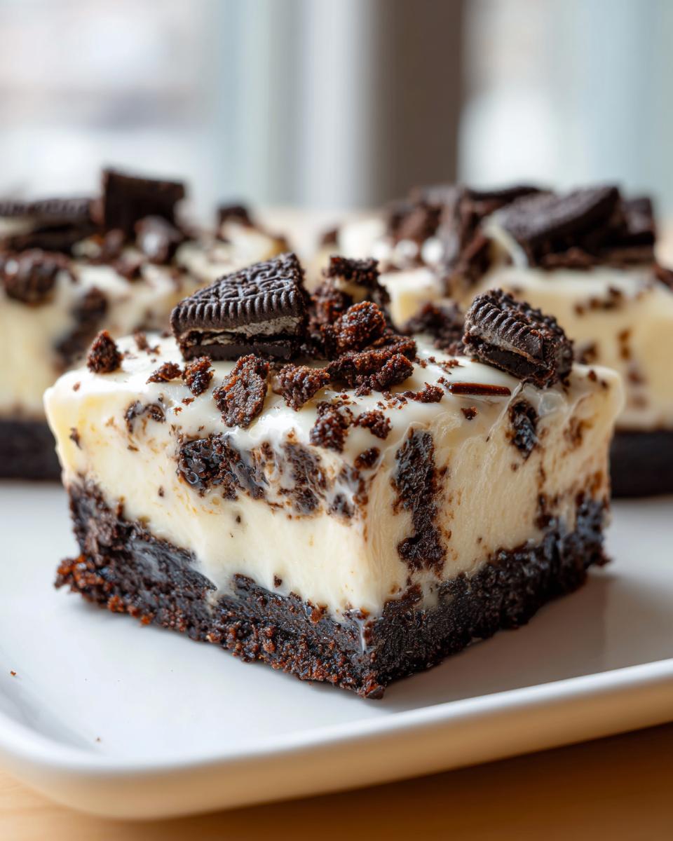 A close-up of a decadent slice of easy Oreo cheesecake dessert, topped with crushed Oreos and whole Oreo pieces.