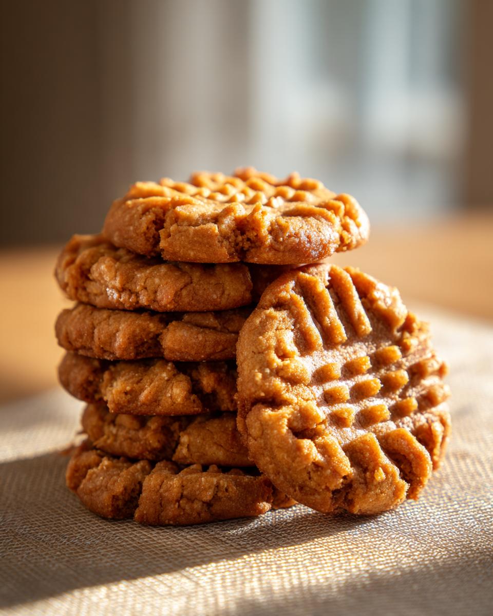 A close-up stack of delicious, golden-brown easy peanut butter cookies with classic fork marks.