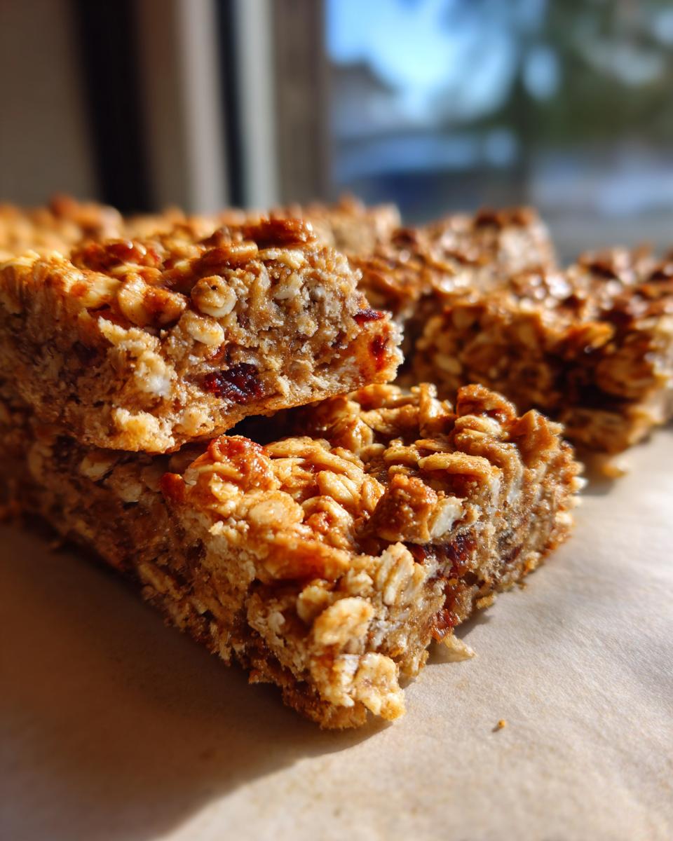 Close-up of stacked easy peanut butter flapjacks with oats and dried fruit.