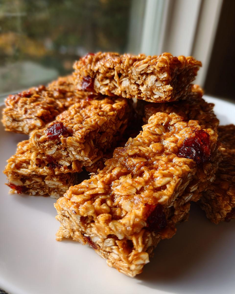 A close-up shot of a stack of easy peanut butter flapjacks with visible oats and dried fruit pieces.
