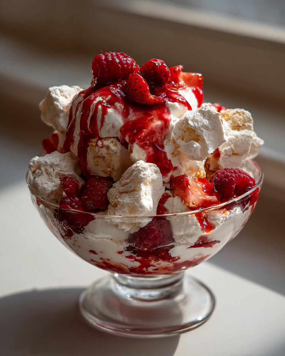 A close-up of an Easy Red Berry Eton Mess, featuring whipped cream, broken meringue pieces, fresh raspberries, strawberries, and a drizzle of berry sauce.