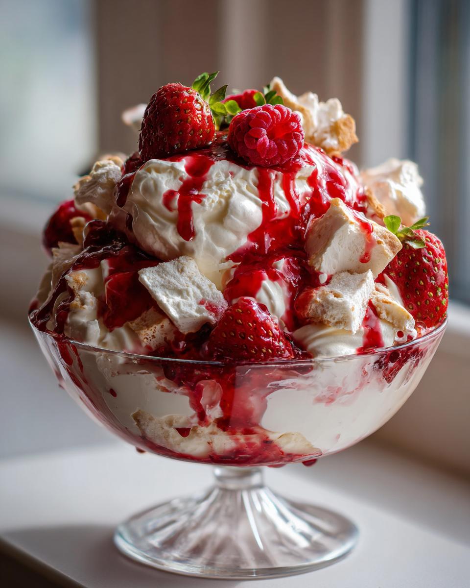 A beautiful glass bowl filled with creamy whipped cream, broken meringue pieces, fresh strawberries, raspberries, and drizzled with red berry sauce, inspired by Nigella Lawson's Easy Red Berry Eton Mess.