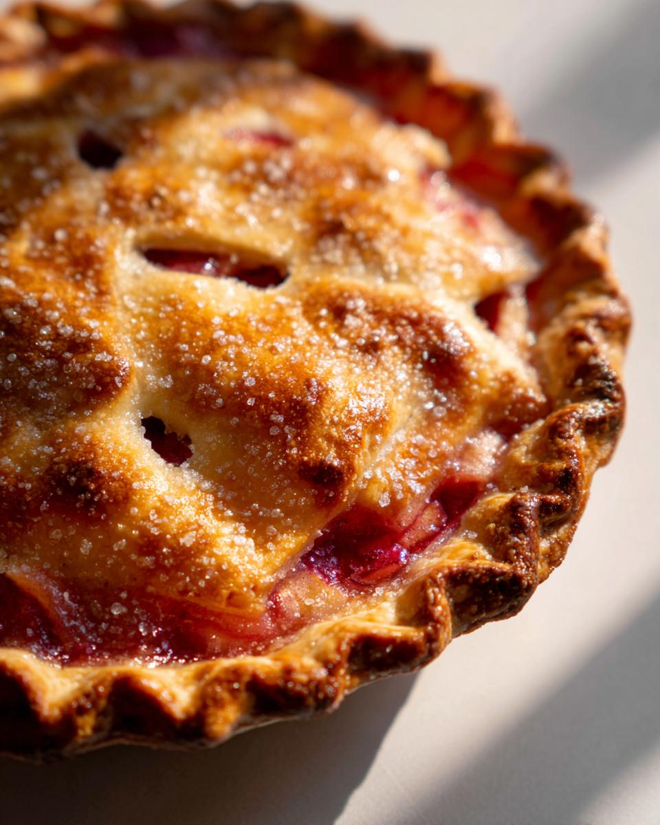 Close-up of a golden-brown Easy Rhubarb Tart Recipe, sprinkled with sugar, showing the bubbly filling.