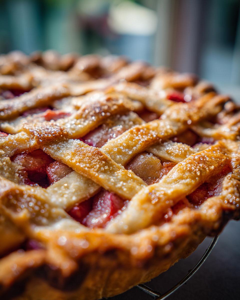 Close-up of a golden-brown lattice-topped Easy Rhubarb Tart Recipe, sprinkled with sugar.